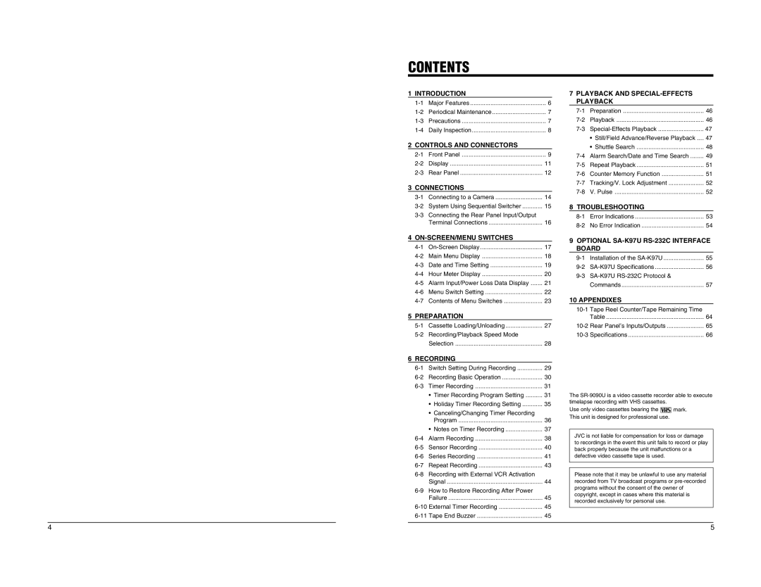 JVC SR-9090U instruction manual Contents 