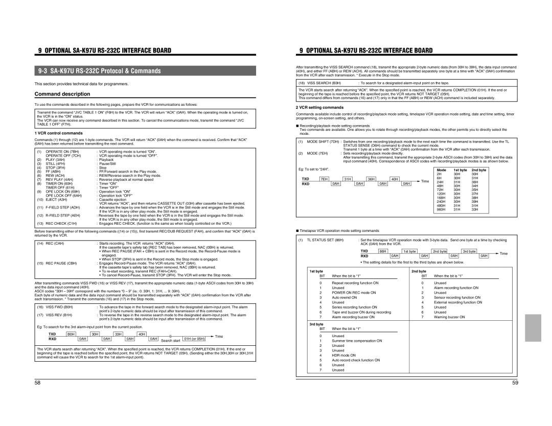 JVC SR-9090U Command description, This section provides technical data for programmers, VCR control commands 