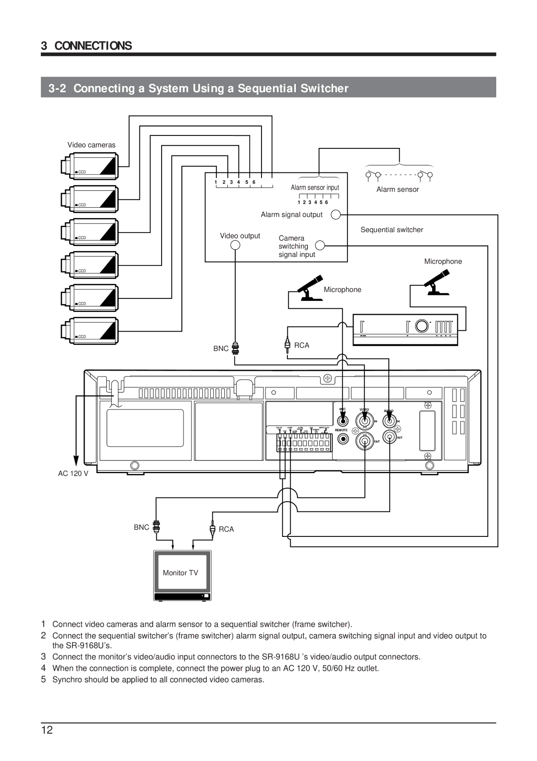 JVC SR-9168U appendix Connections, Connecting a System Using a Sequential Switcher, Video cameras 