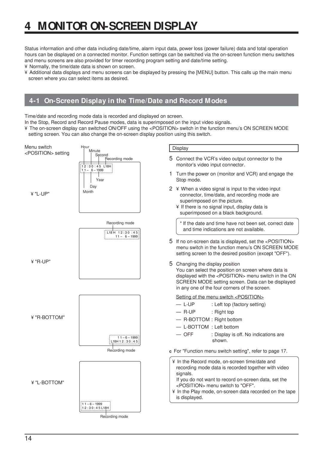 JVC SR-9168U Monitor ON-SCREEN Display, On-Screen Display in the Time/Date and Record Modes, Position setting, Shown 