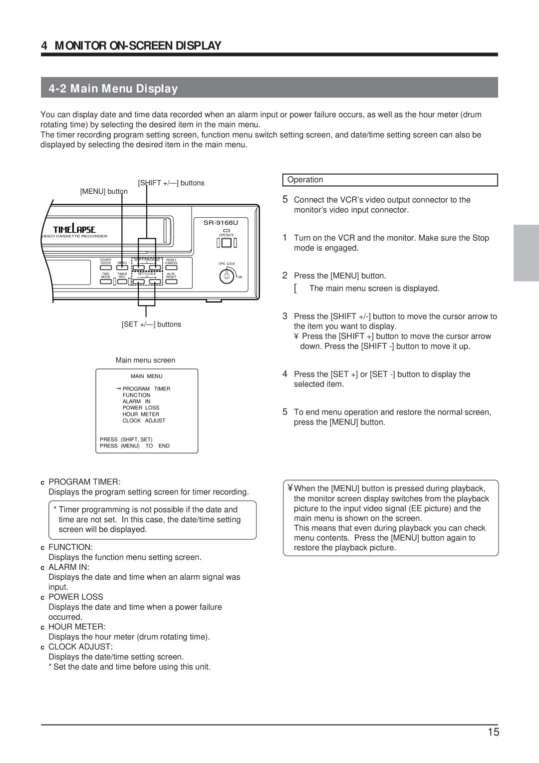 JVC SR-9168U appendix Monitor ON-SCREEN Display, Main Menu Display, Operation 