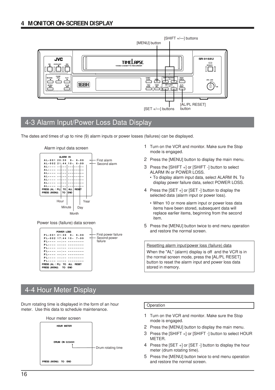 JVC SR-9168U appendix Alarm Input/Power Loss Data Display, Hour Meter Display, Menu button, SET +/- buttons button 