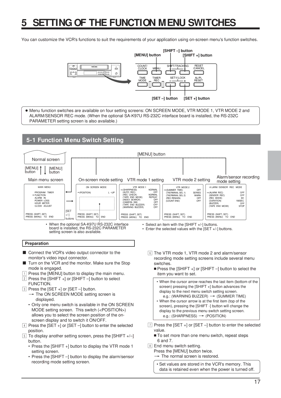 JVC SR-9168U appendix Function Menu Switch Setting, Preparation 