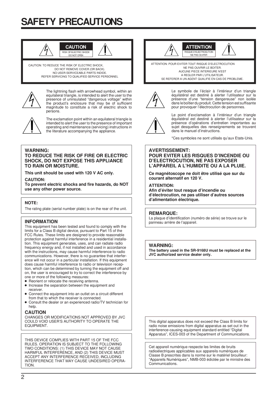 JVC SR-9168U appendix Safety Precautions, Information 