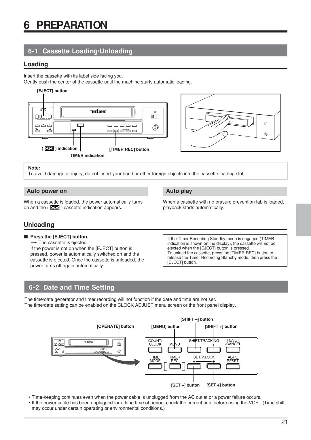 JVC SR-9168U appendix Preparation, Cassette Loading/Unloading, Date and Time Setting, Auto power on, Auto play 