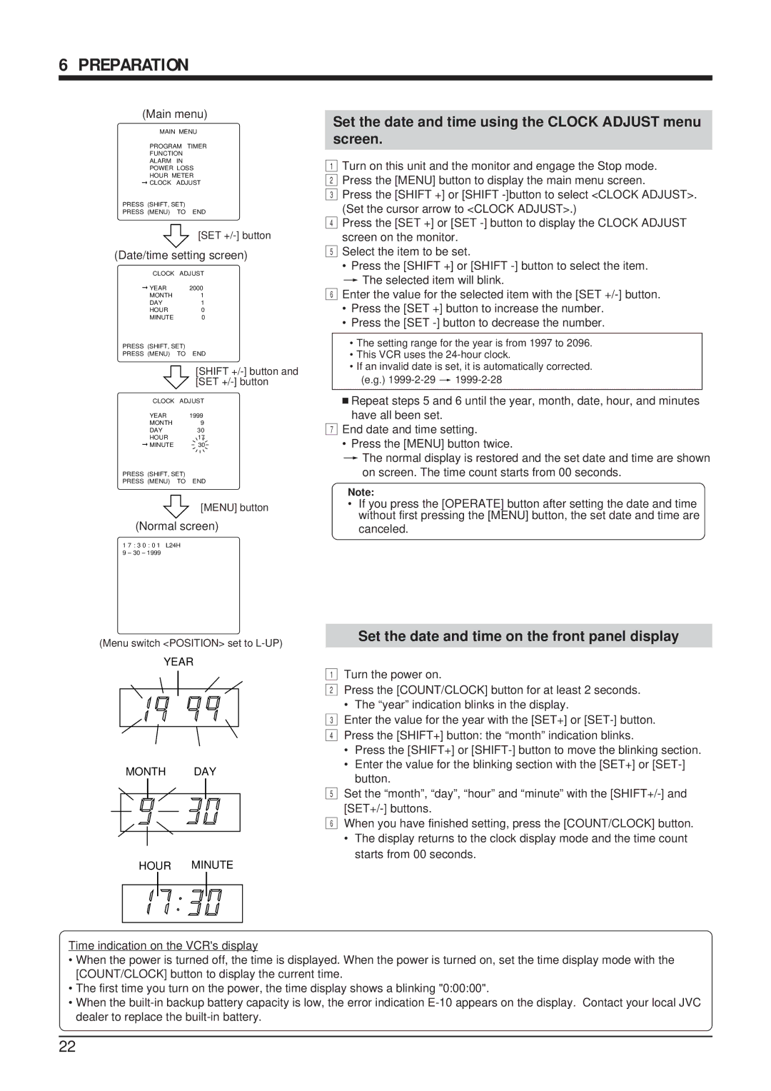 JVC SR-9168U Preparation, Set the date and time using the Clock Adjust menu screen, Main menu, Date/time setting screen 