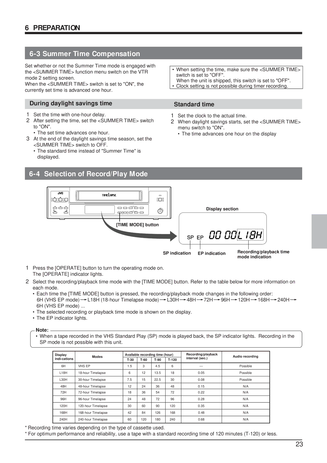 JVC SR-9168U appendix Summer Time Compensation, Selection of Record/Play Mode, During daylight savings time, Standard time 