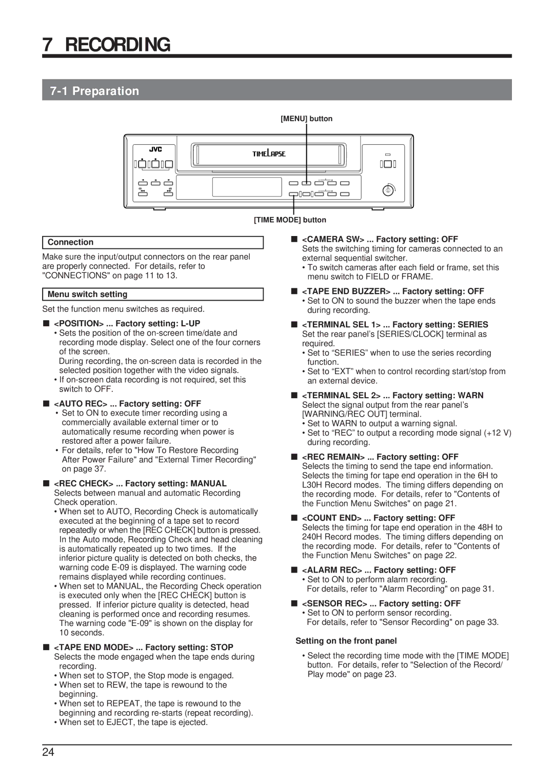 JVC SR-9168U appendix Recording, Preparation 