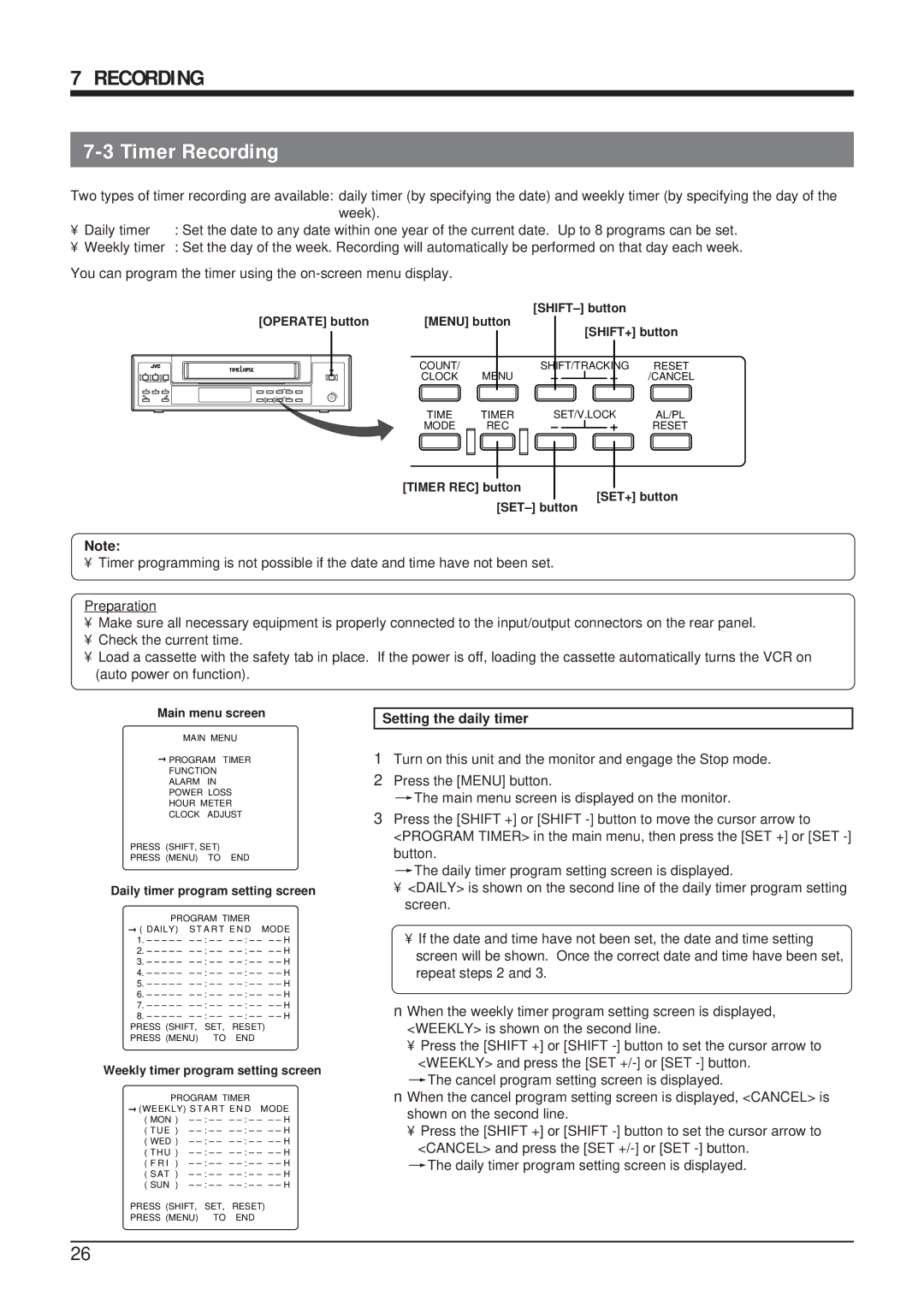 JVC SR-9168U appendix Timer Recording, Setting the daily timer 