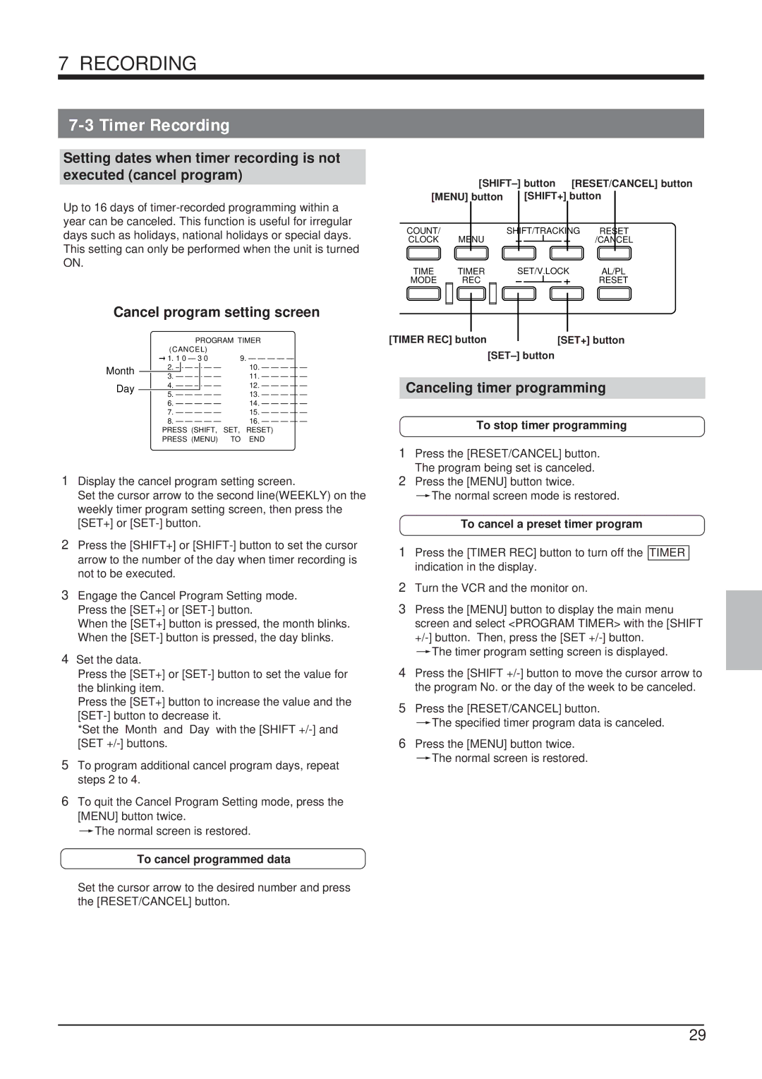 JVC SR-9168U appendix Cancel program setting screen, Canceling timer programming, To cancel programmed data 