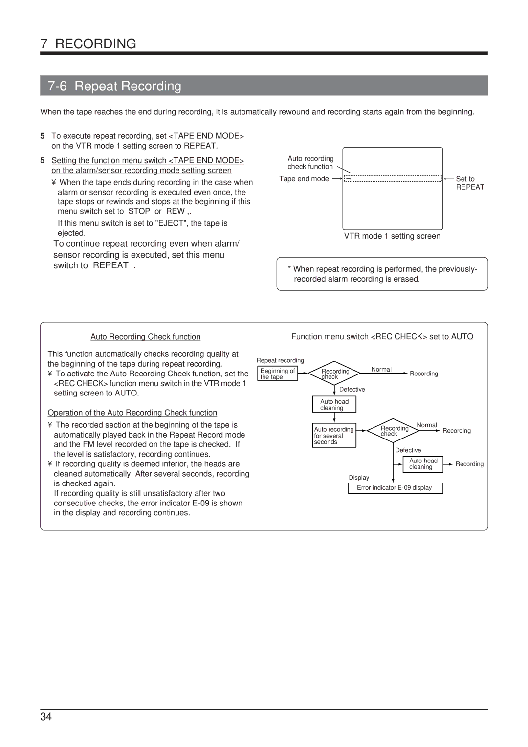 JVC SR-9168U appendix Repeat Recording, Auto Recording Check function 