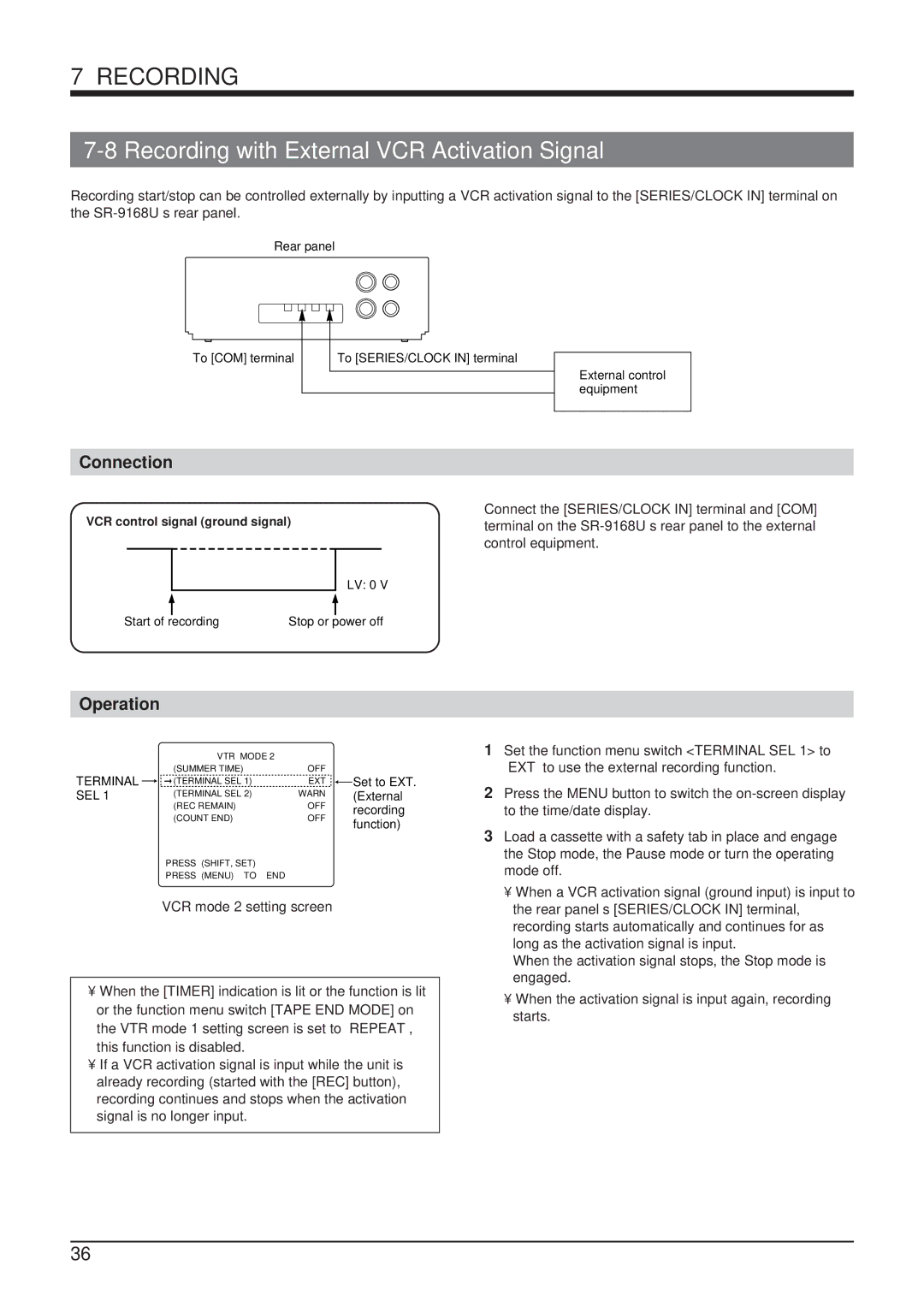 JVC SR-9168U appendix Recording with External VCR Activation Signal, Connection, Operation, Rear panel 