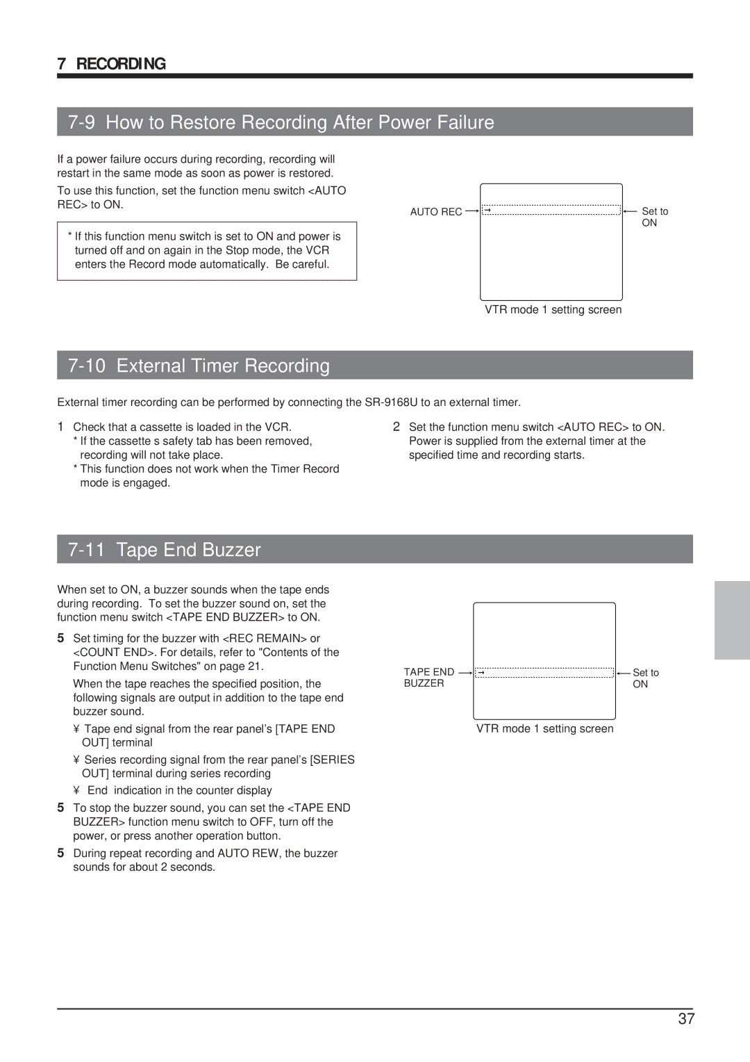 JVC SR-9168U appendix How to Restore Recording After Power Failure, External Timer Recording, Tape End Buzzer, Auto REC 