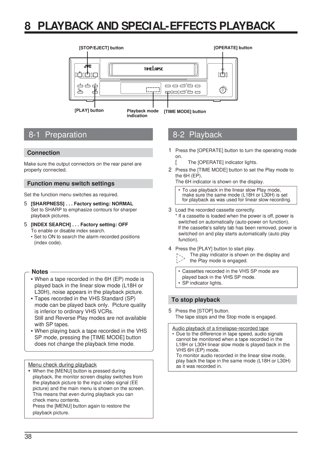 JVC SR-9168U appendix Playback, Function menu switch settings, To stop playback, Load the recorded cassette correctly 