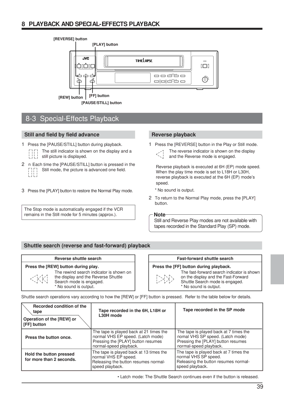 JVC SR-9168U appendix Playback and SPECIAL-EFFECTS Playback, Special-Effects Playback, Still and field by field advance 