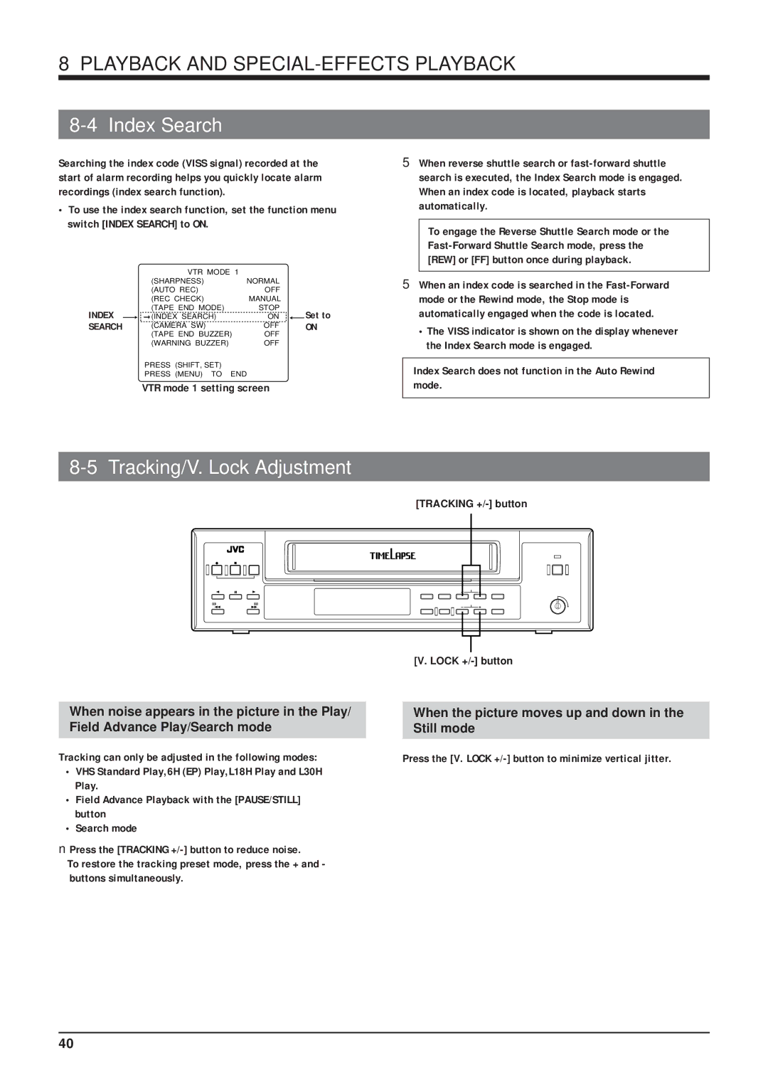 JVC SR-9168U appendix Index Search, Tracking/V. Lock Adjustment, Press the V. Lock +/- button to minimize vertical jitter 