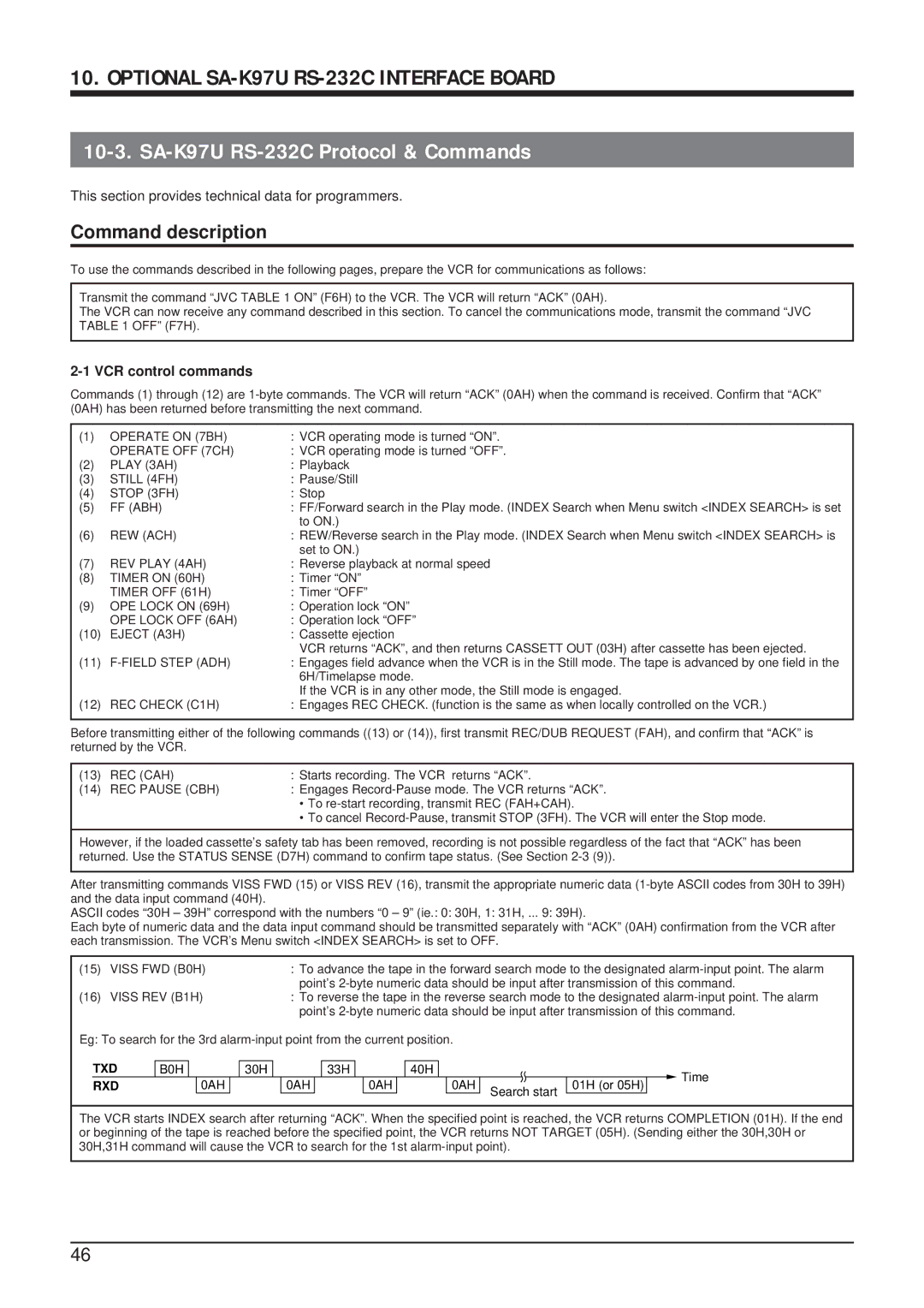 JVC SR-9168U appendix This section provides technical data for programmers, VCR control commands 