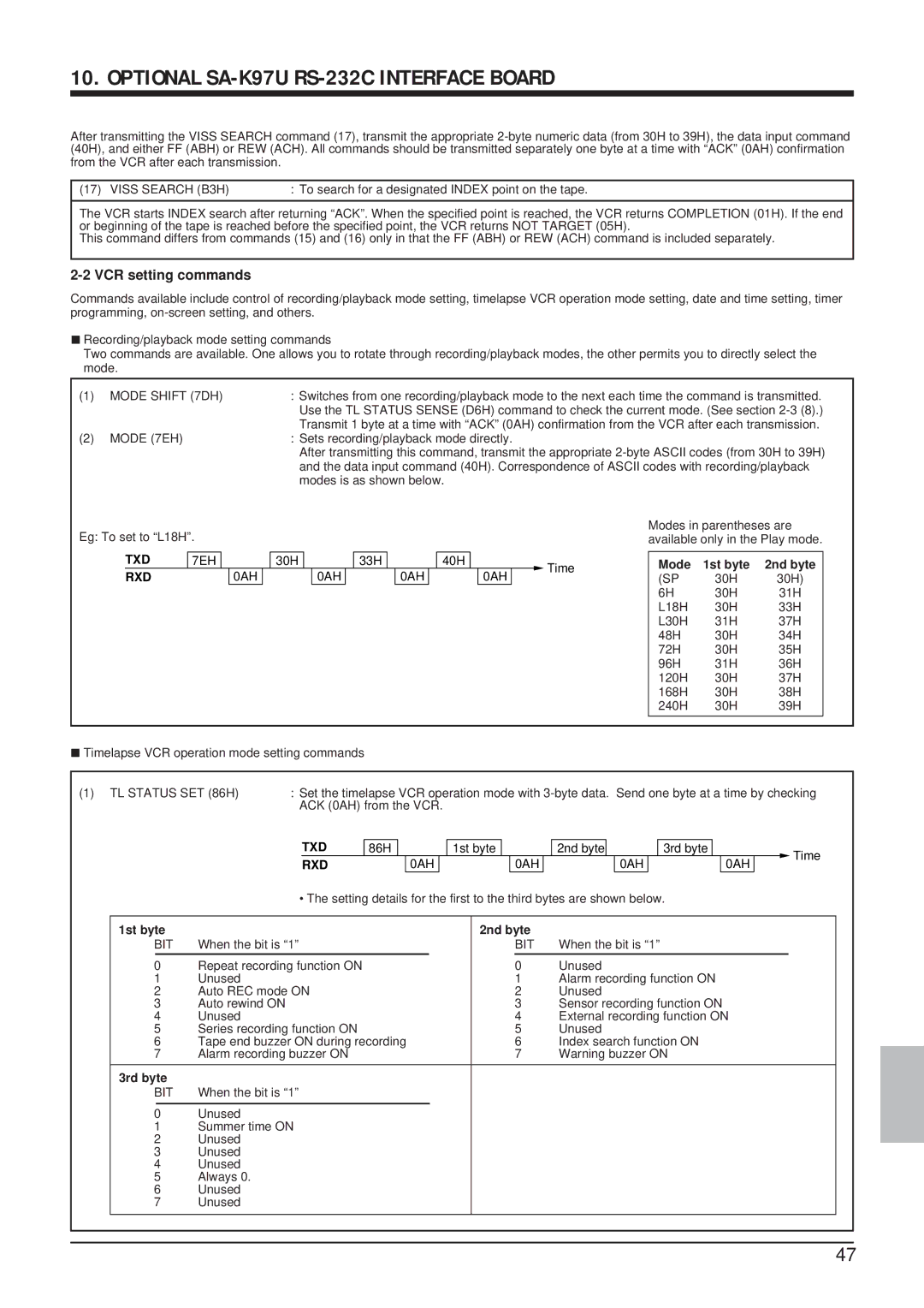 JVC SR-9168U appendix VCR setting commands, Mode 1st byte 2nd byte, 3rd byte 