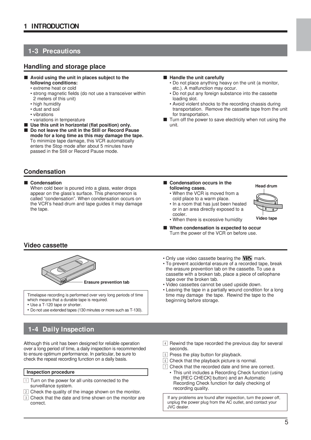 JVC SR-9168U appendix Introduction, Precautions, Daily Inspection 