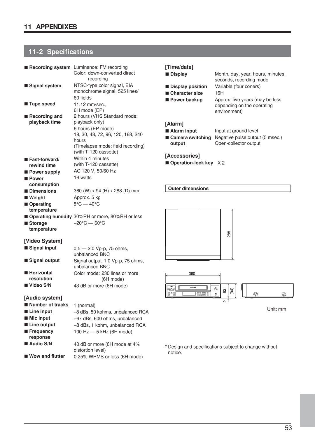 JVC SR-9168U appendix Appendixes, Specifications 