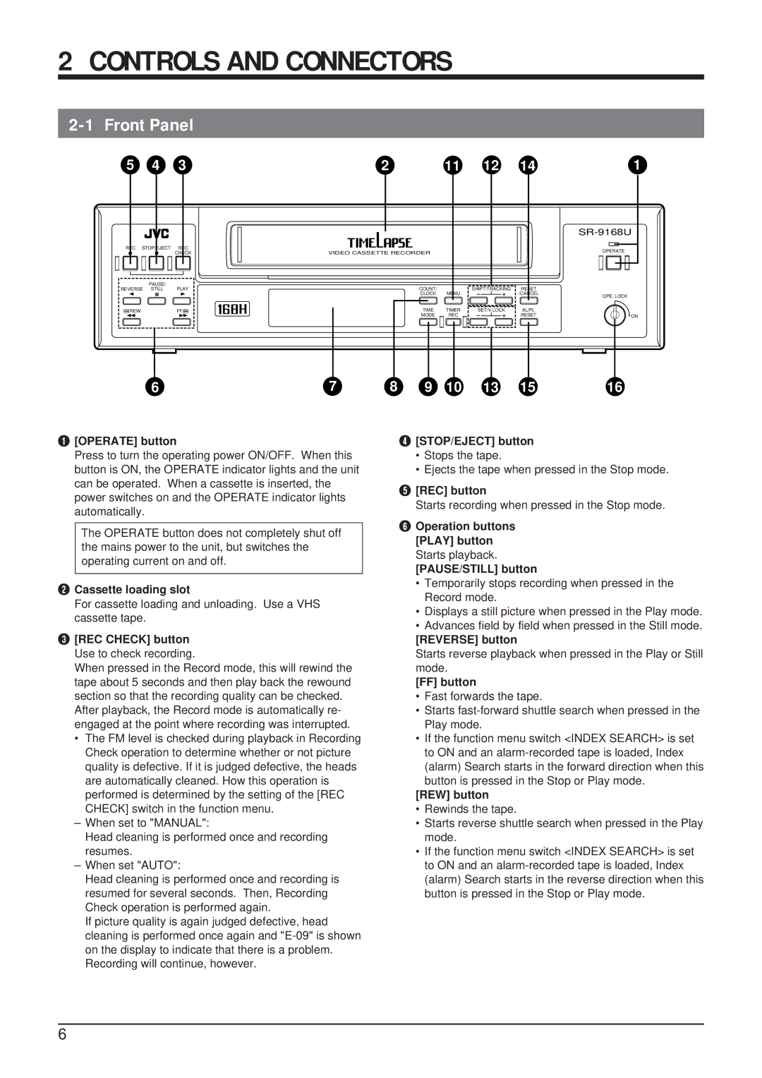 JVC SR-9168U appendix Controls and Connectors, Front Panel 