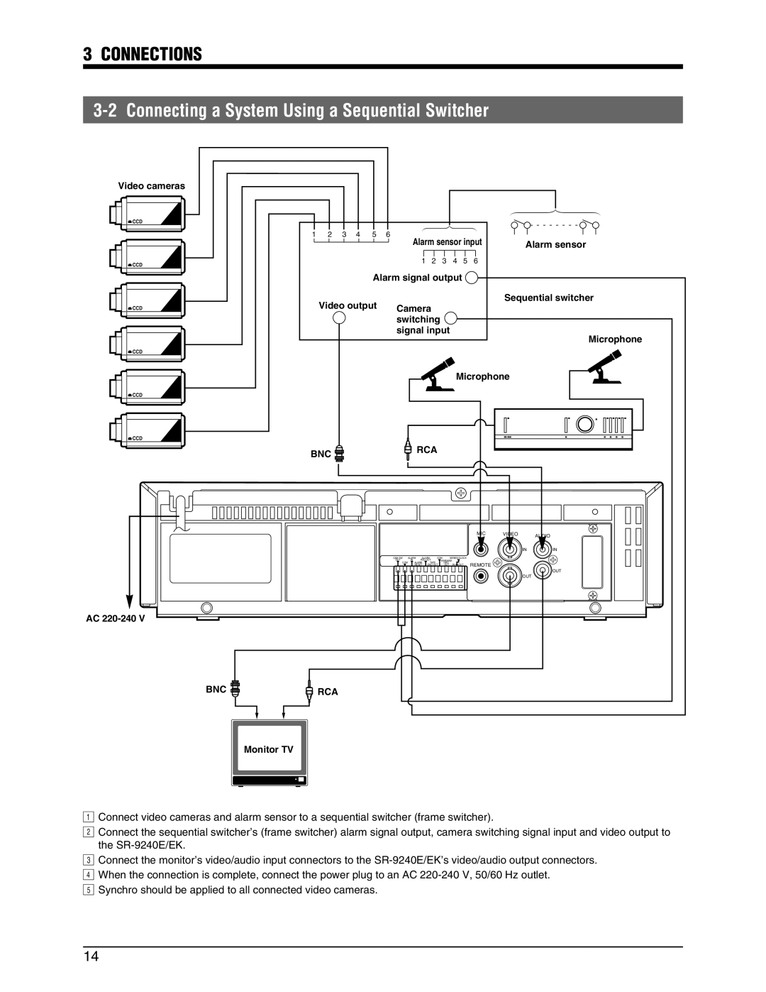 JVC SR-9240EK appendix Connections, Connecting a System Using a Sequential Switcher, Video cameras 