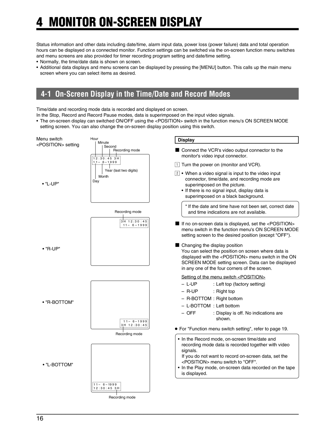 JVC SR-9240EK appendix Monitor ON-SCREEN Display, On-Screen Display in the Time/Date and Record Modes, Bottom, Off 