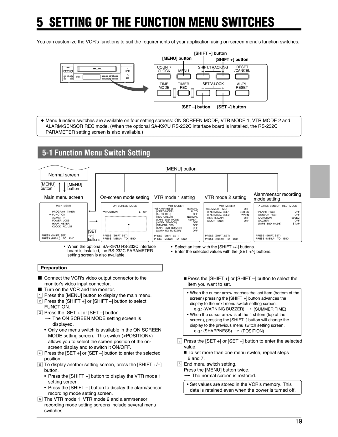 JVC SR-9240EK appendix Setting of the Function Menu Switches, Function Menu Switch Setting, Preparation, 3FUNCTION 