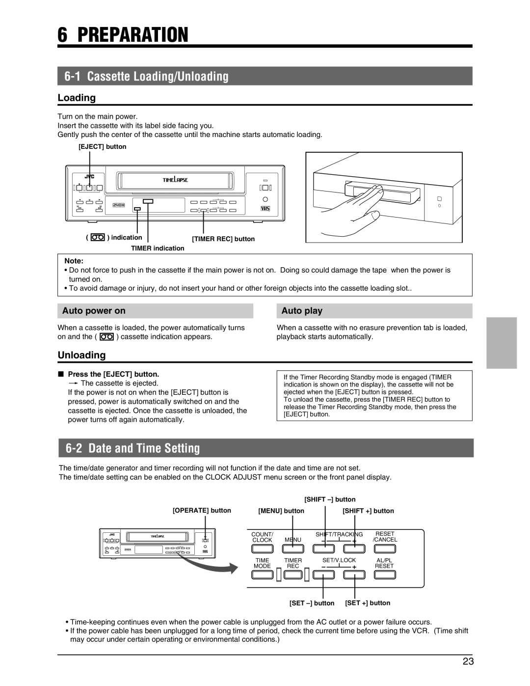 JVC SR-9240EK appendix Preparation, Cassette Loading/Unloading, Date and Time Setting, Auto power on, Auto play 