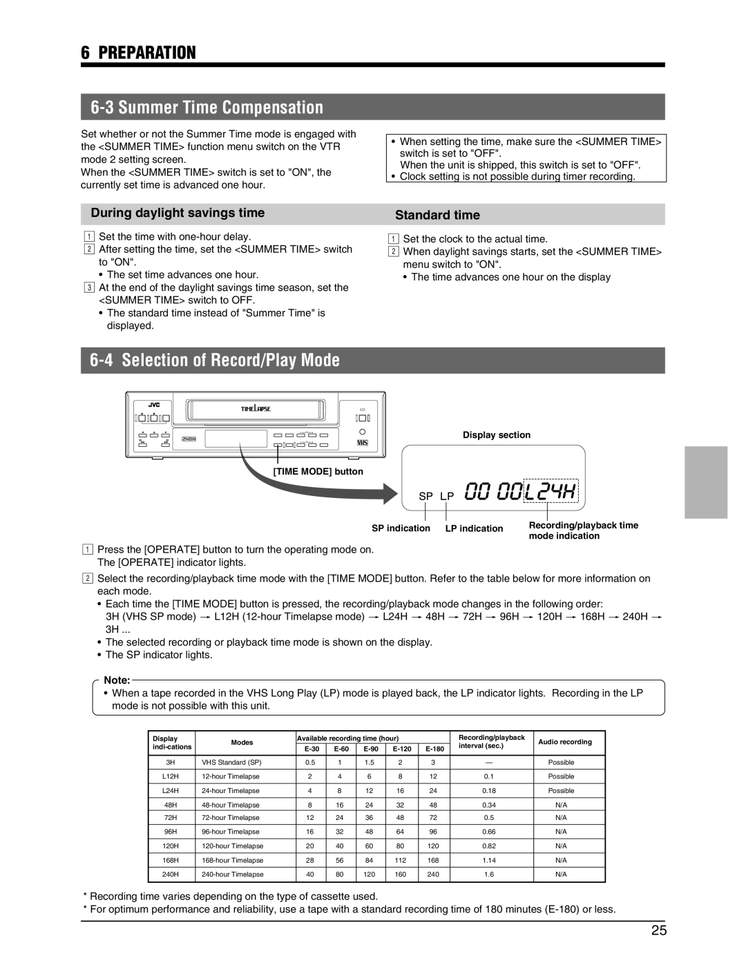 JVC SR-9240EK Summer Time Compensation, Selection of Record/Play Mode, 1During daylight savings time, 1Standard time 