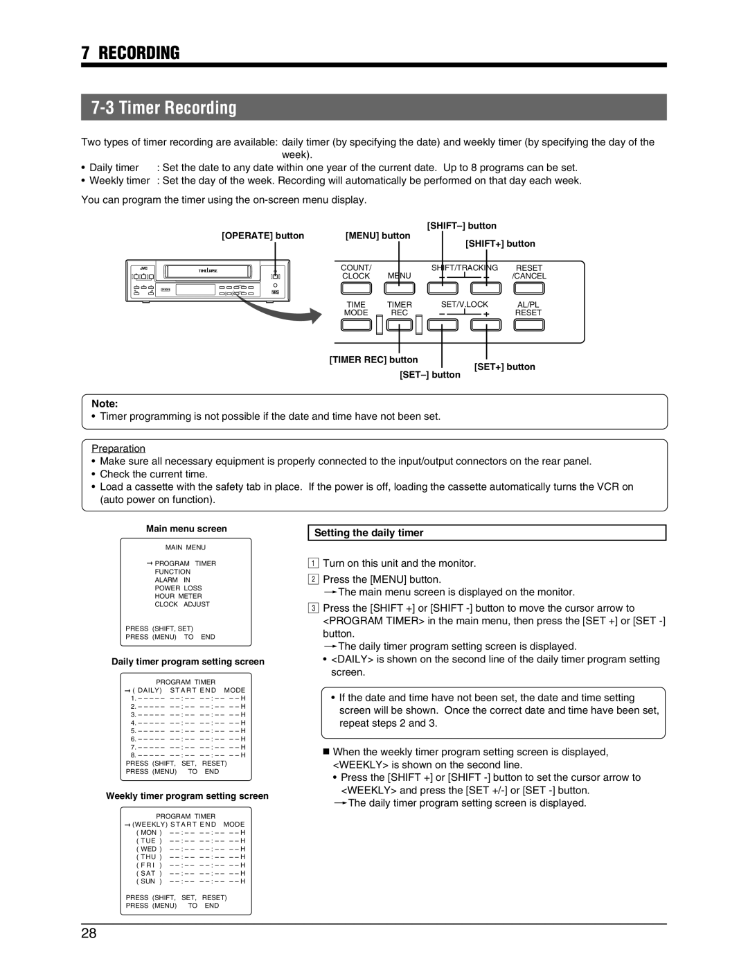 JVC SR-9240EK appendix Timer Recording, Setting the daily timer 