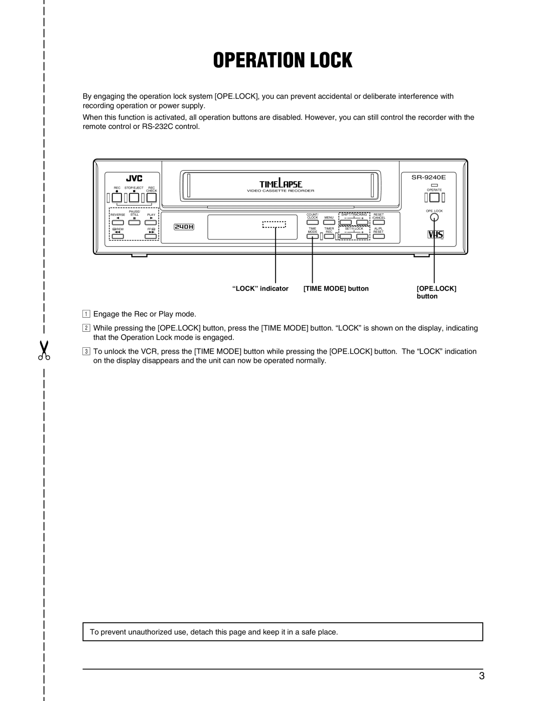 JVC SR-9240EK appendix Operation Lock, Lock indicator Time Mode button, Button 