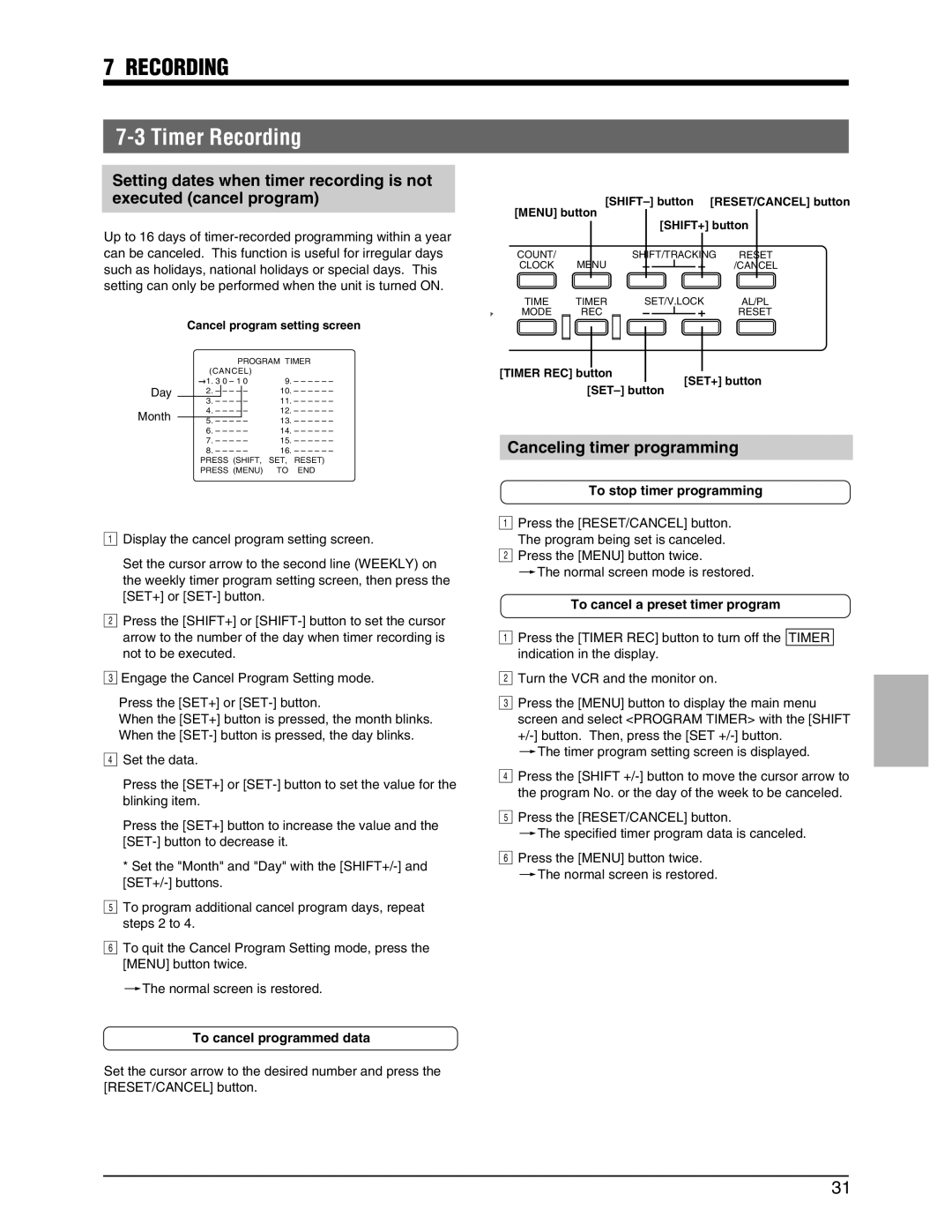 JVC SR-9240EK appendix Canceling timer programming, To stop timer programming, To cancel a preset timer program 