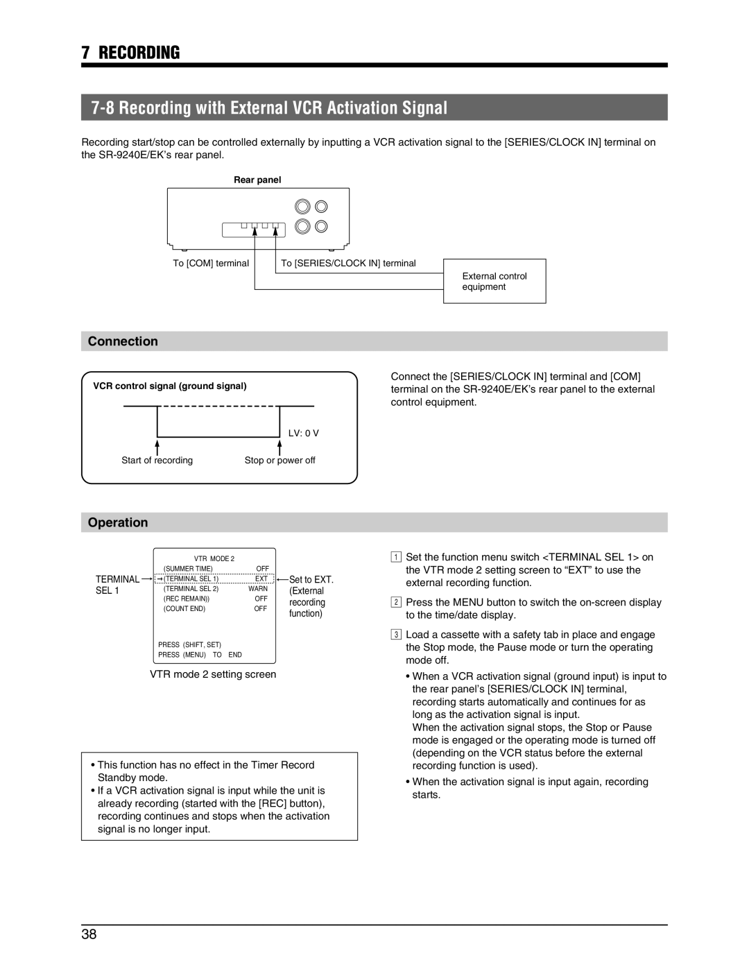 JVC SR-9240EK appendix Recording with External VCR Activation Signal, Connection, Operation, Terminal 