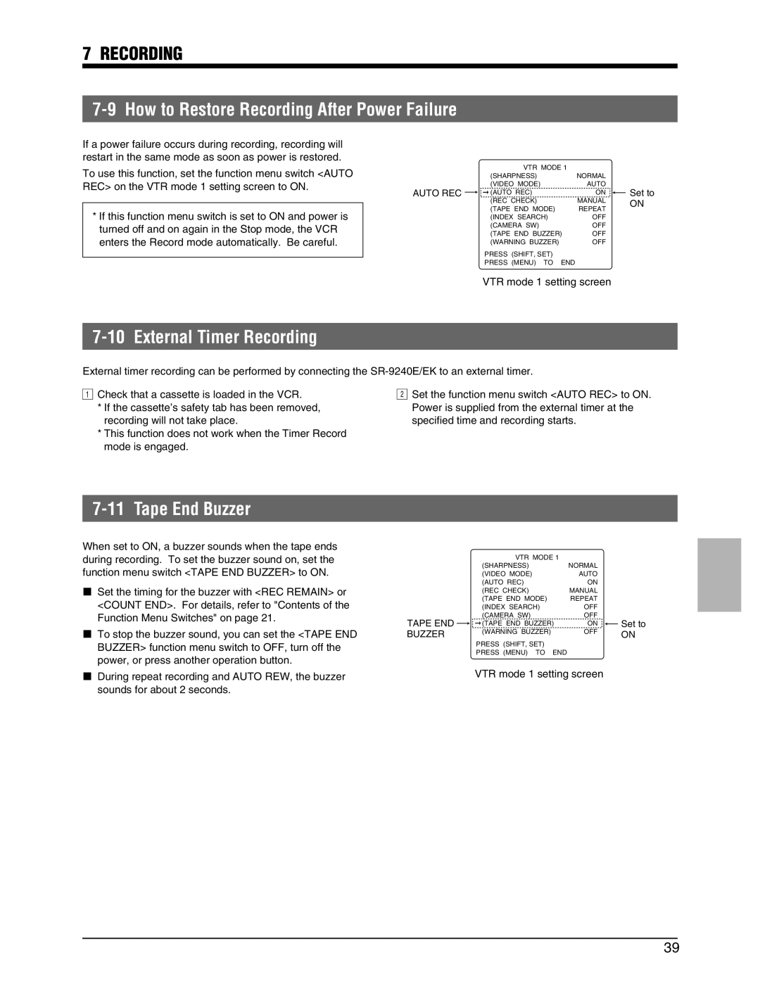 JVC SR-9240EK appendix How to Restore Recording After Power Failure, External Timer Recording, Tape End Buzzer, Auto REC 