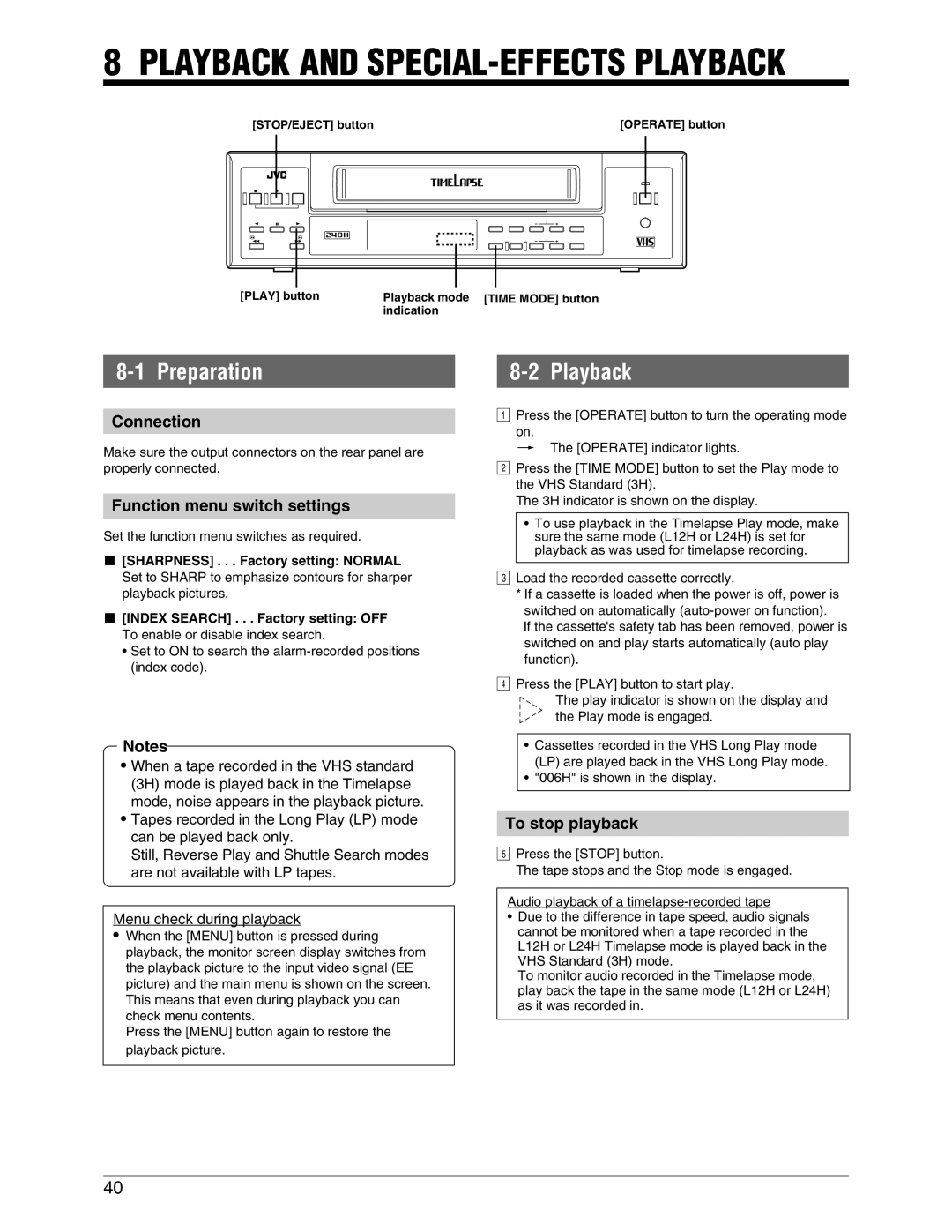 JVC SR-9240EK appendix Playback and SPECIAL-EFFECTS Playback, Function menu switch settings, 5To stop playback 