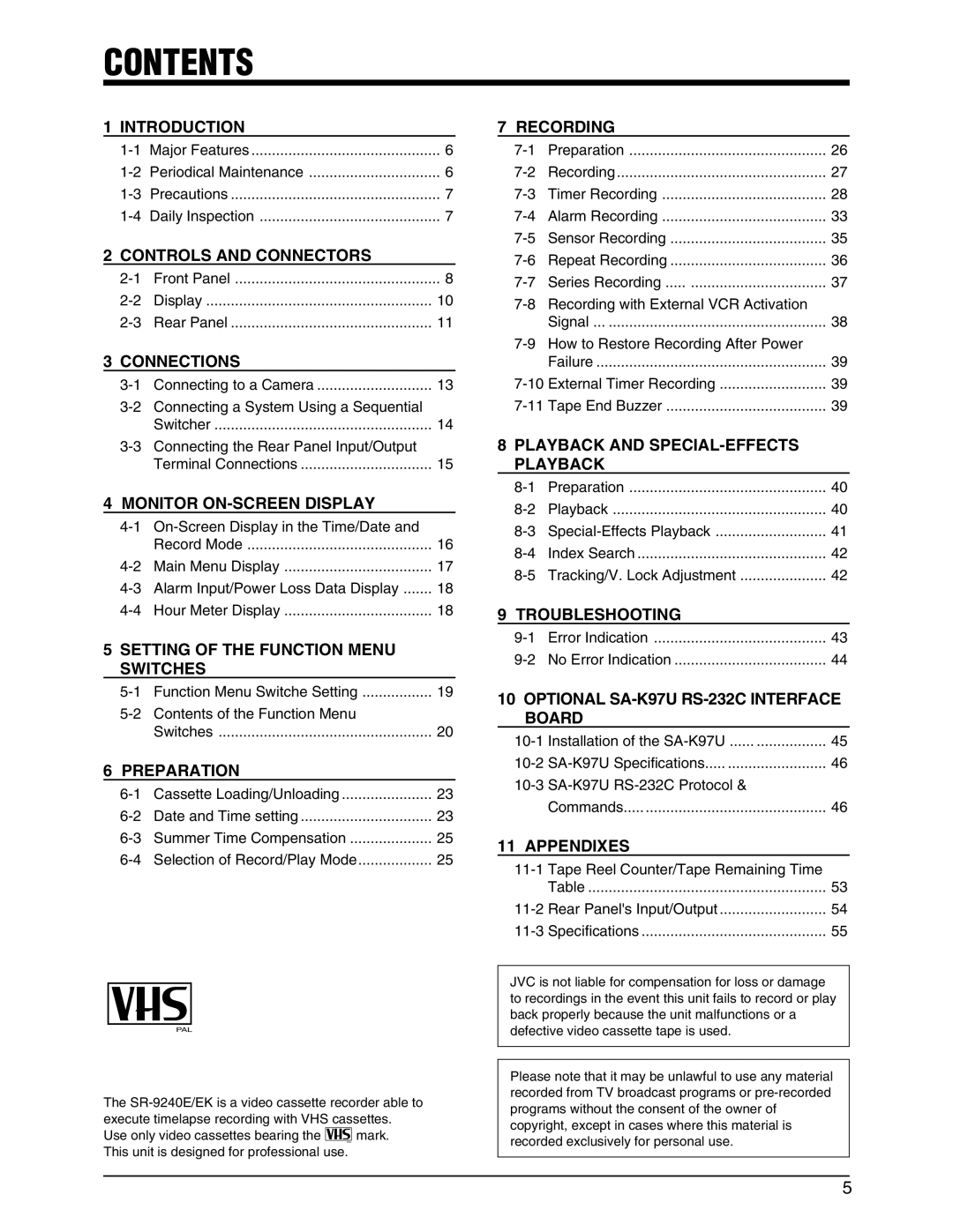 JVC SR-9240EK appendix Contents 