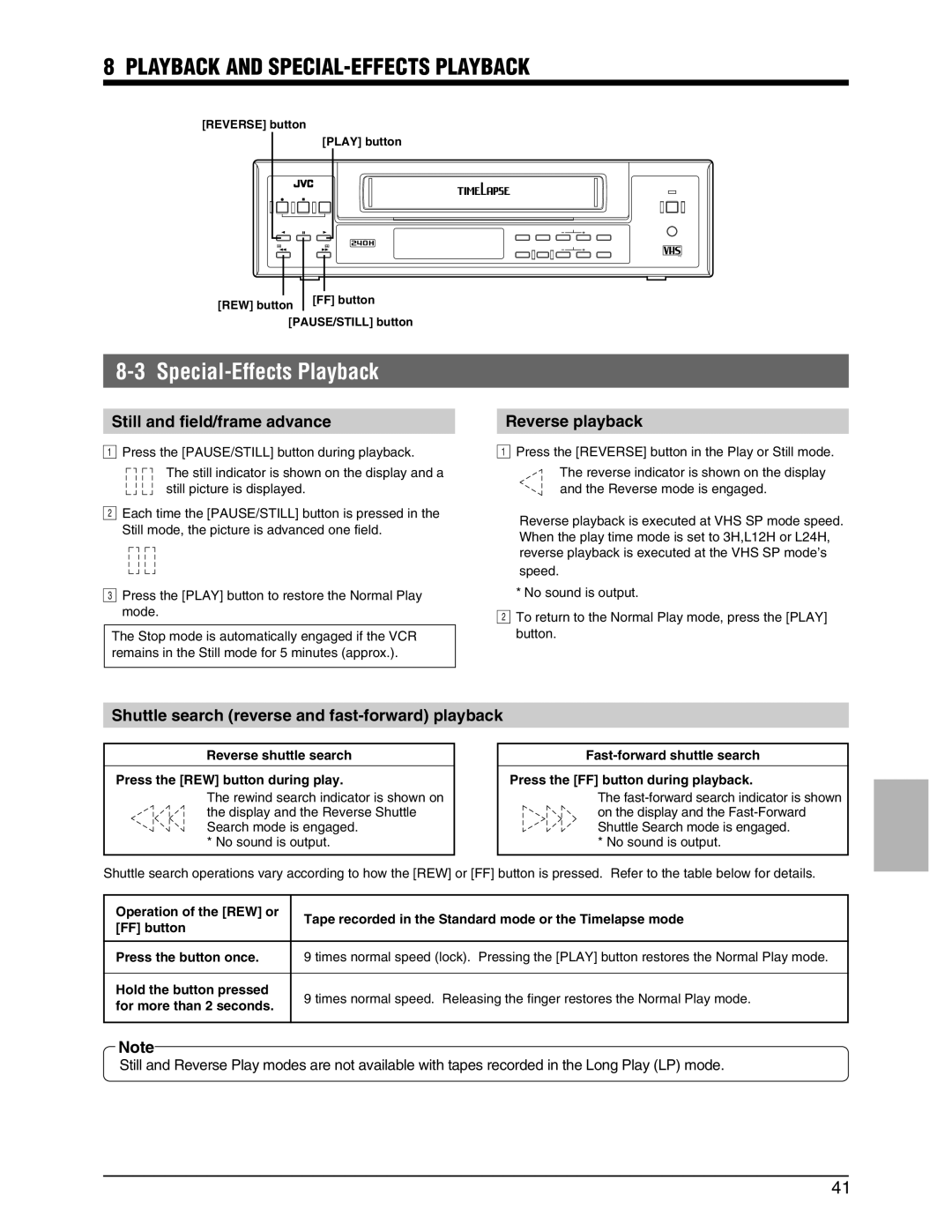 JVC SR-9240EK appendix Playback and SPECIAL-EFFECTS Playback, Special-Effects Playback, 1Still and field/frame advance 