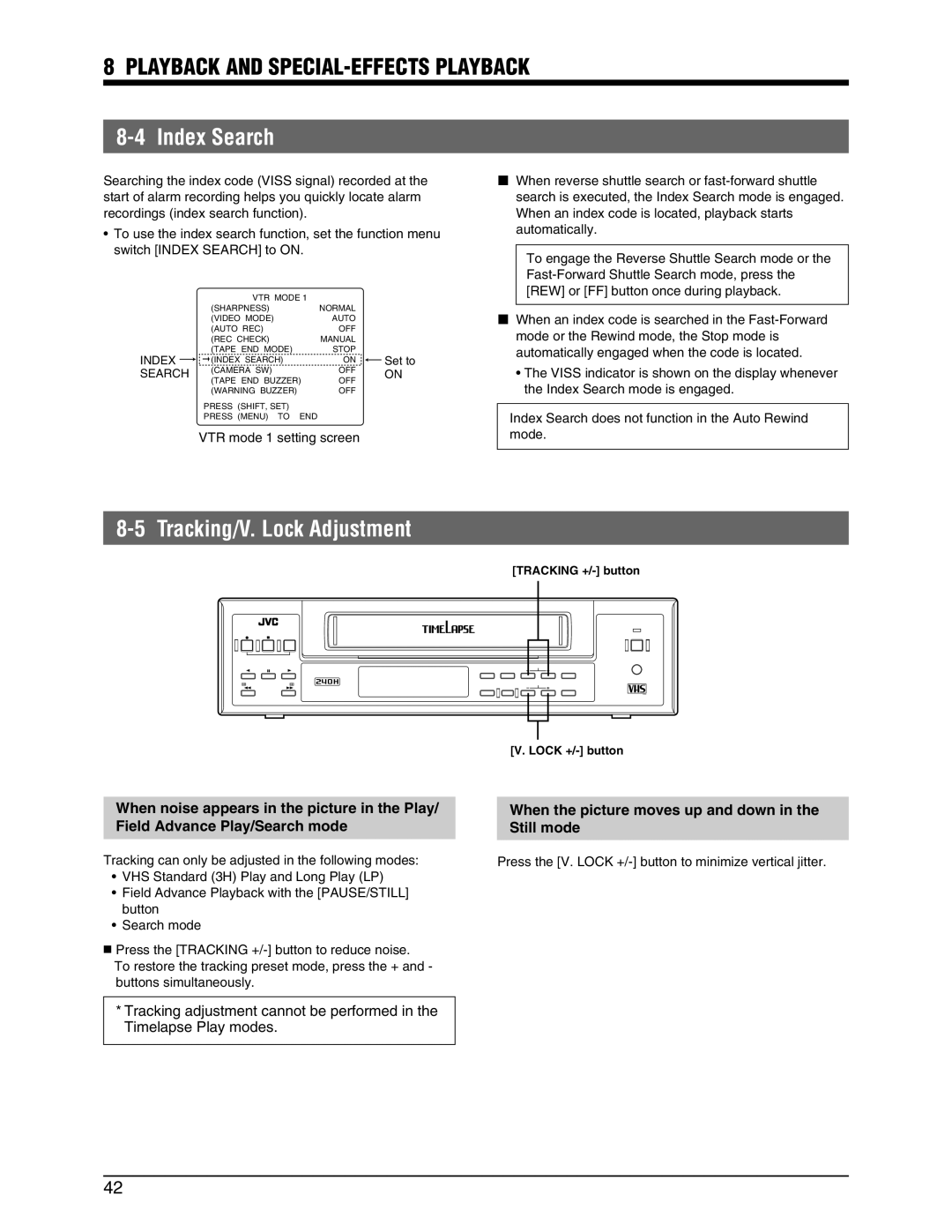 JVC SR-9240EK appendix Index Search, Tracking/V. Lock Adjustment, Tracking +/- button Lock +/- button 