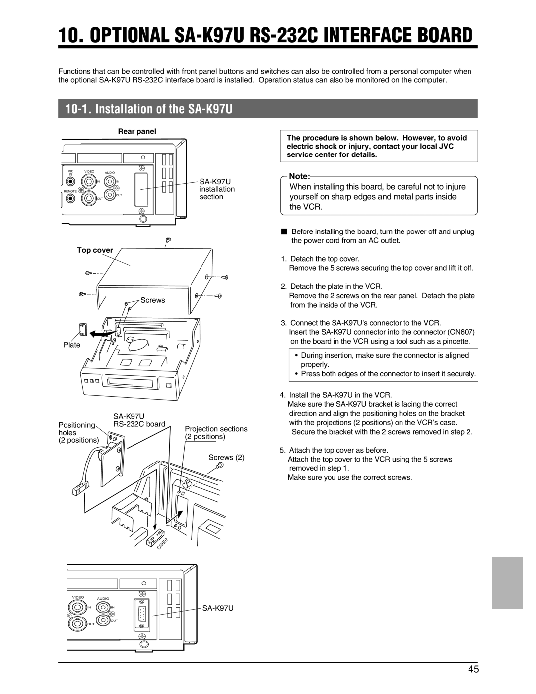 JVC SR-9240EK appendix Installation of the SA-K97U, Top cover 