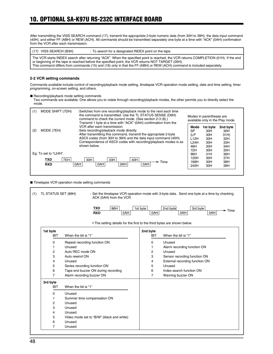 JVC SR-9240EK appendix VCR setting commands, Mode 1st byte 2nd byte, 3rd byte 