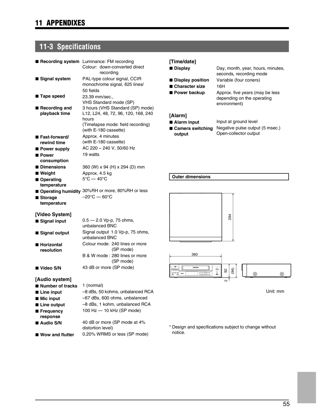 JVC SR-9240EK appendix Specifications 