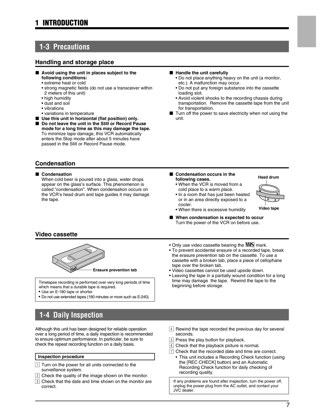 JVC SR-9240EK appendix Introduction, Precautions, Daily Inspection 