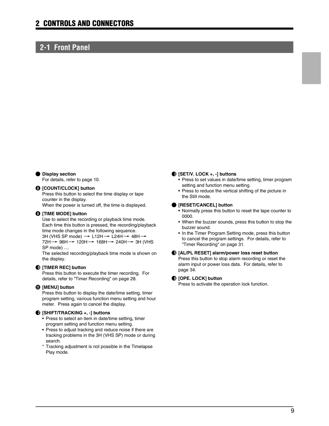 JVC SR-9240EK appendix Controls and Connectors 