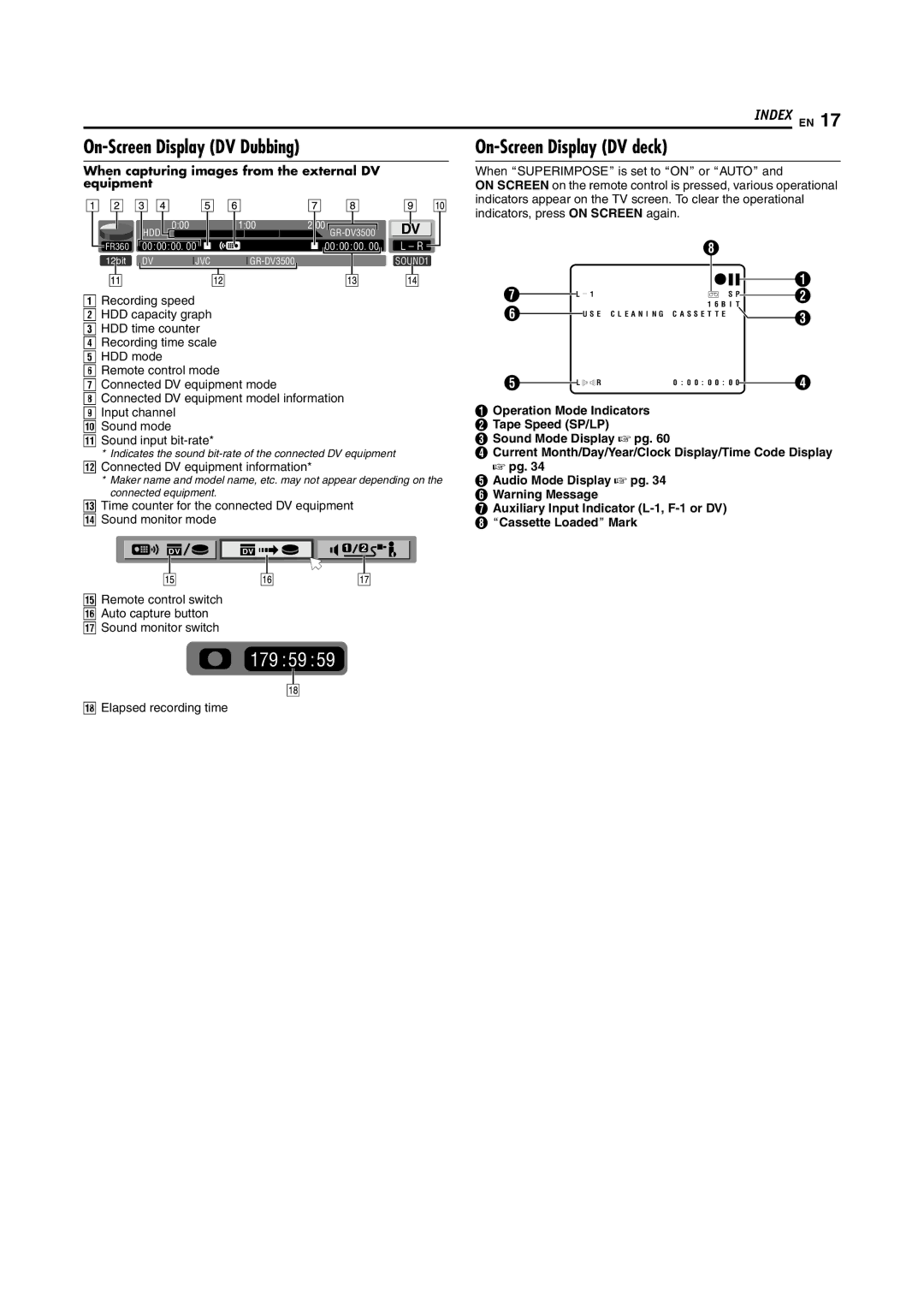 JVC SR-DVM600U manual On-Screen Display DV Dubbing, On-Screen Display DV deck, Connected DV equipment information 