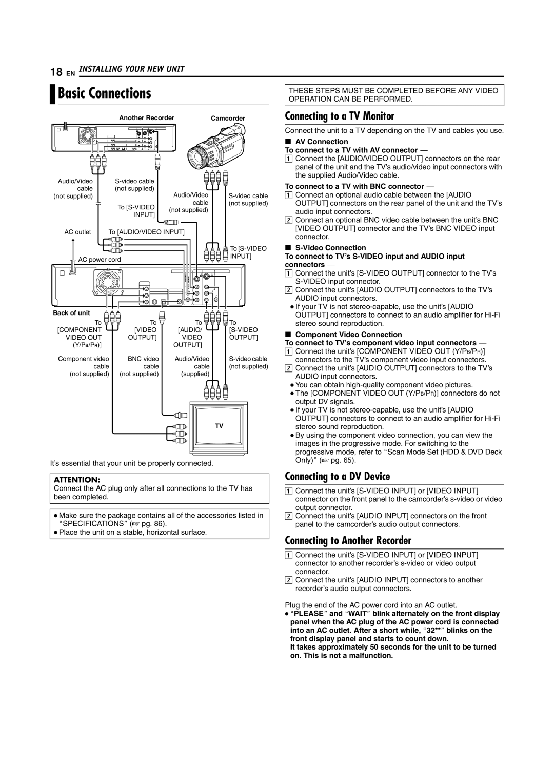 JVC SR-DVM600U Basic Connections, Connecting to a TV Monitor, Connecting to a DV Device, Connecting to Another Recorder 