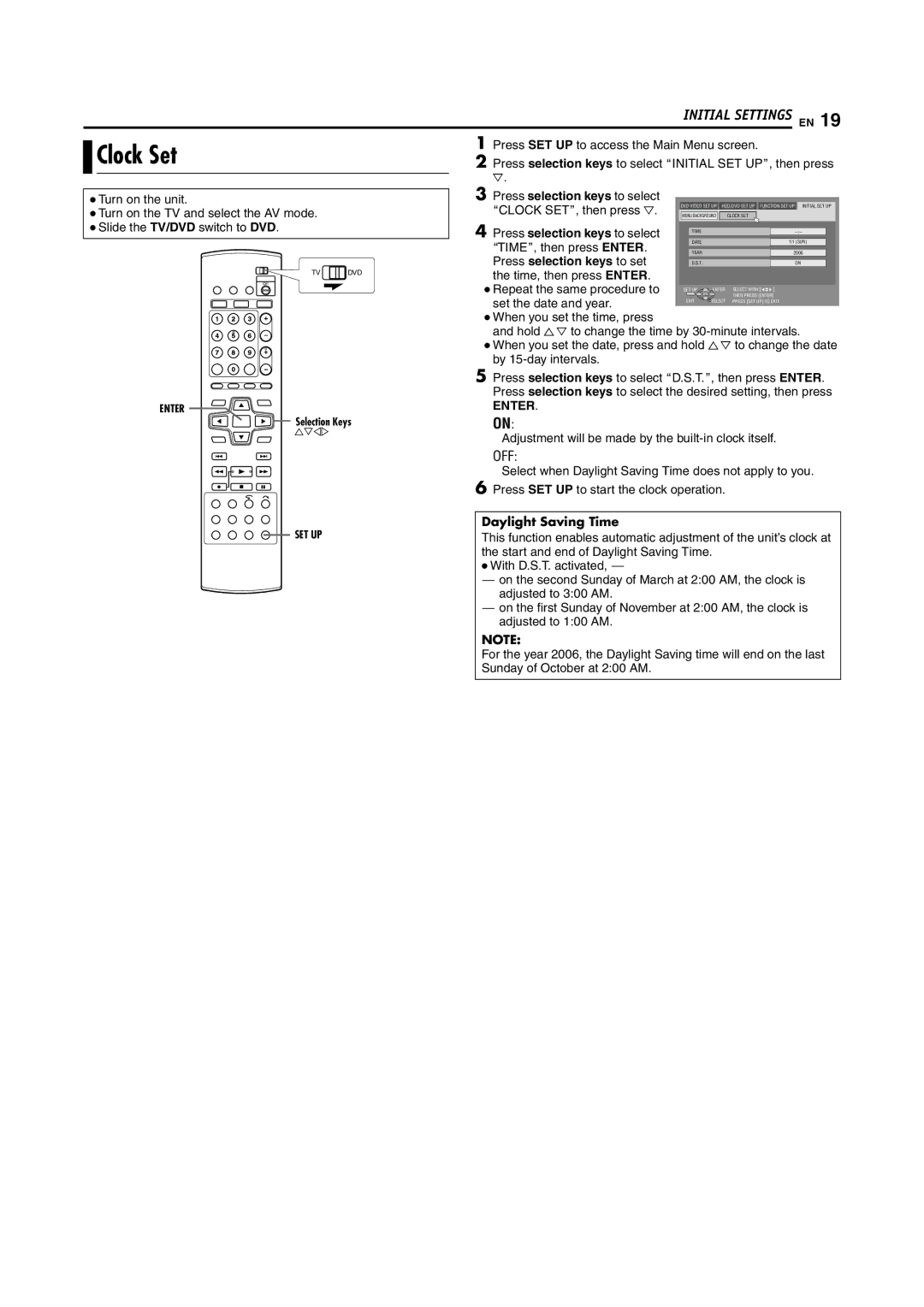 JVC SR-DVM600U manual Clock Set, Off, Press selection keys to set, Enter, Daylight Saving Time 