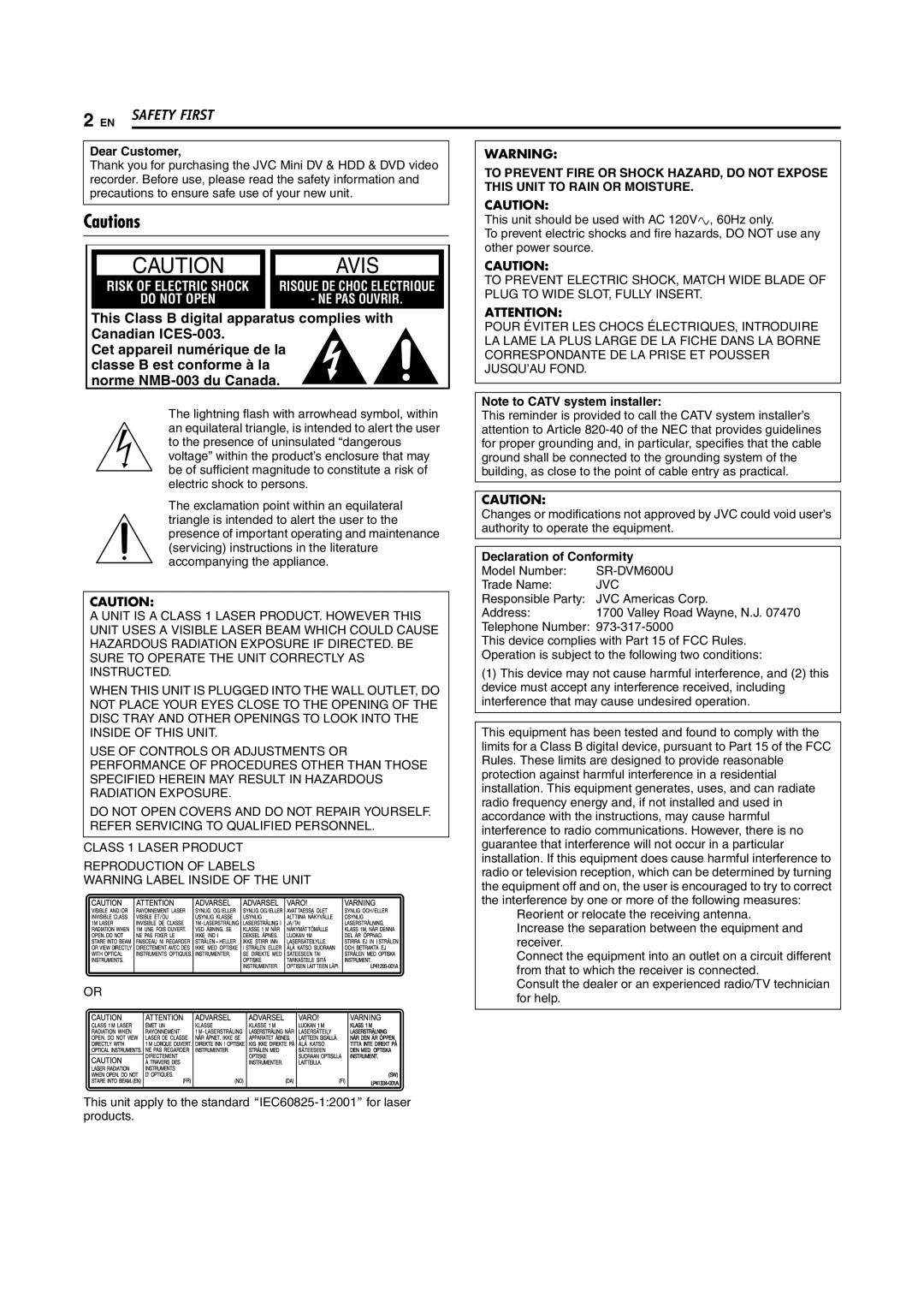 JVC SR-DVM600U manual Dear Customer, Declaration of Conformity, Jvc 