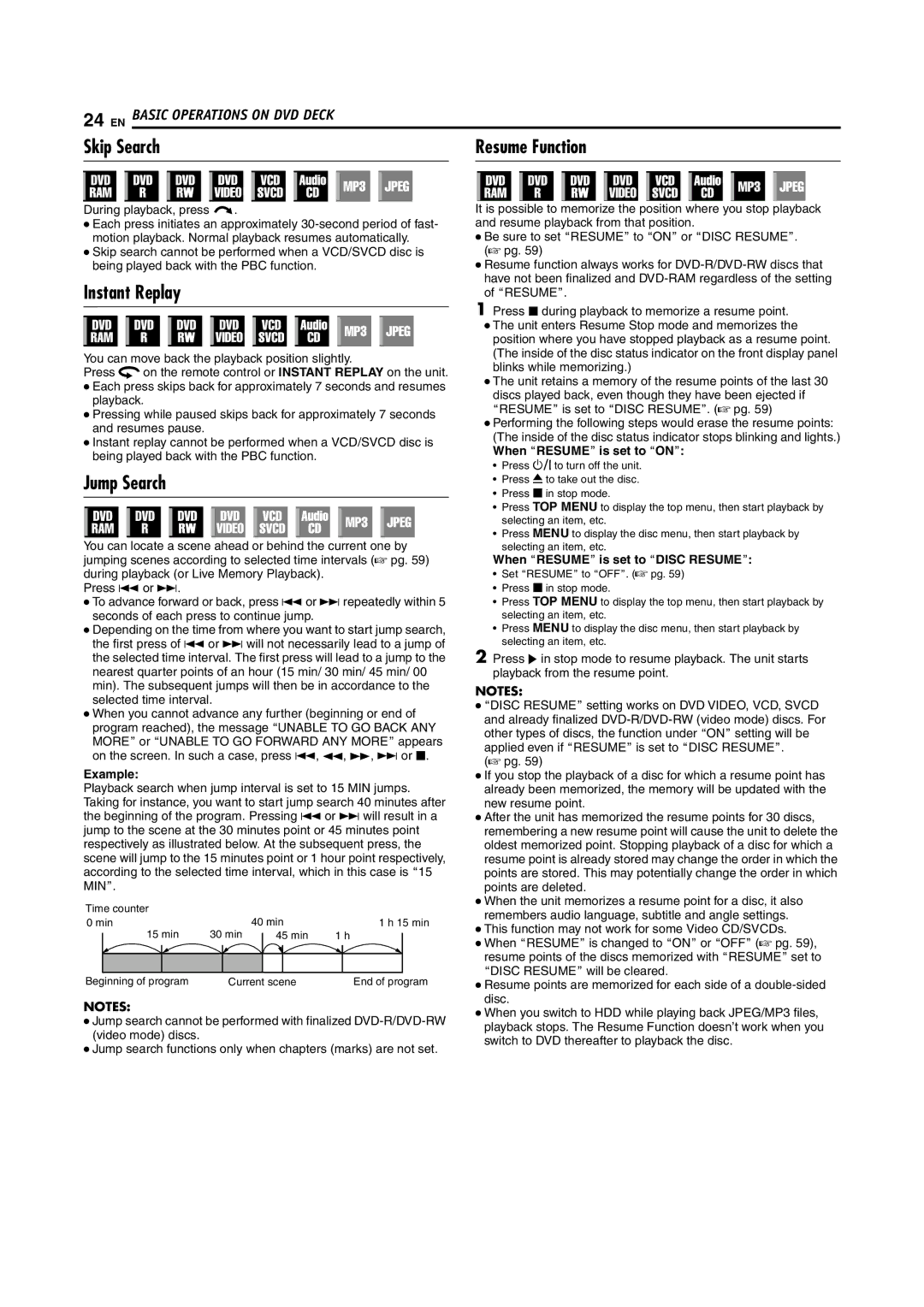 JVC SR-DVM600U manual Skip Search Resume Function, Instant Replay, Jump Search 