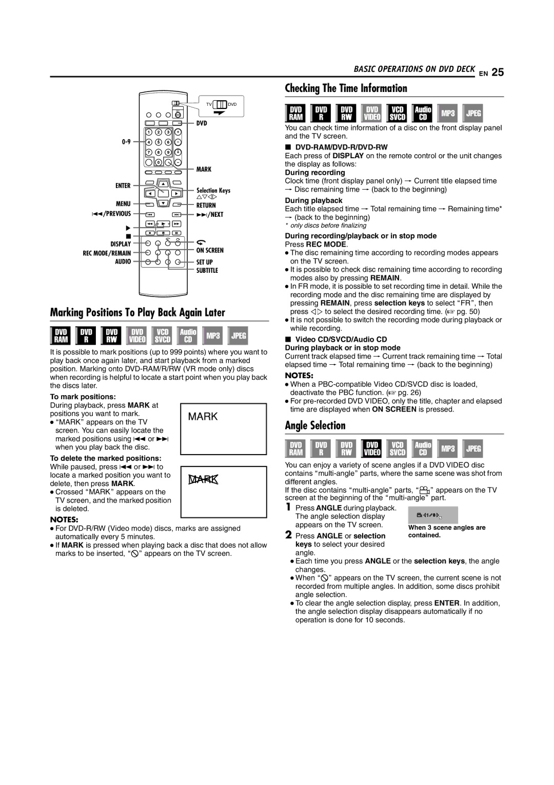 JVC SR-DVM600U manual Marking Positions To Play Back Again Later, Checking The Time Information, Angle Selection 